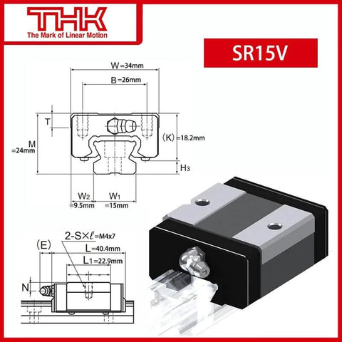Diagram and image of SR15 THK Linear Block for SR15V Linear Motion Slider Rail Guide with measurements