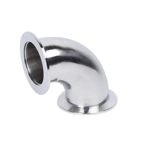KF vacuum elbow fitting, 304 SS, 90-degree tri-clamp flange for space-saving vacuum piping installation.