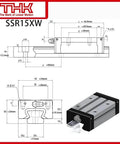 Diagram of SSR15 THK Linear Block for SSR15XW Linear Motion Slider Rail Guide with dimensions and close-up view of block, 1-pack