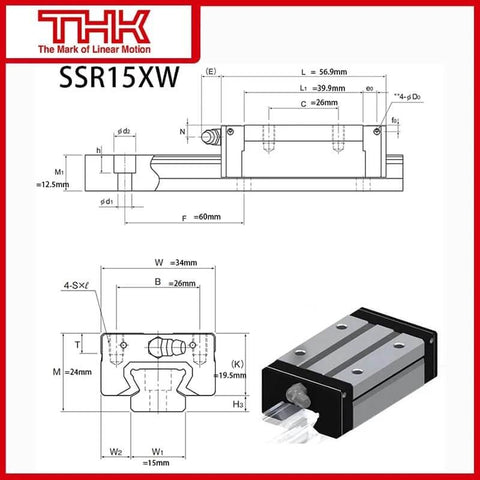 Diagram of SSR15 THK Linear Block for SSR15XW Linear Motion Slider Rail Guide with dimensions and close-up view of block, 1-pack