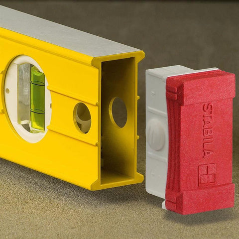 Close-up of Stabila 37424 24 Inch Builders Level with high strength yellow box frame, visible bright vial, and red removable end cap.