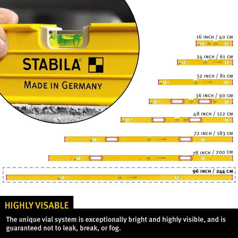 Close-up of Stabila Type 96M Magnetic Level showing clear vial and measurements, highlighting its 96-inch professional accuracy.