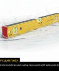 Stabila Type 96M Magnetic Level in water, showcasing 96 inches length, durable aluminum body, clear vials, and strong magnets
