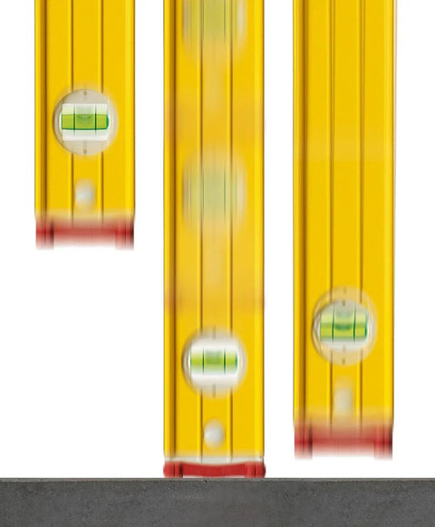 Stabila Jamber 78-Inch and 32-Inch Aluminum Box Beam Level Set with visible bubble vials and yellow design for precise door installation.
