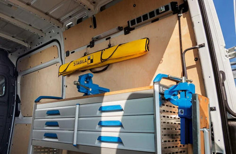 Stabila Jamber Level Case provides secure single-carry transport and organized storage for six level sizes in a work van.