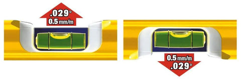 Close-up of vials from Stabila 29072 72 Inch Type 80A 3 Vial Contractors Level with Aluminum Frame for accurate readings.