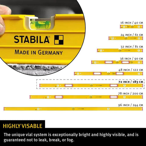 Close-up of Stabila Type 96M 72 Inch Magnetic Level with vial and size chart showing various lengths, focusing on framing accuracy.