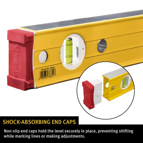 Close-up of Stabila Type 96M 24 Inch Magnetic Level with rare earth magnets and shock-absorbing end caps for plumb and level accuracy.