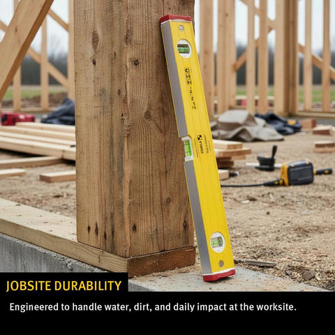 Stabila Type 96M Magnetic Level 16 Inch Professional Builder Tool leaning against wooden post at construction site