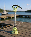 Front view of Luocute trolling motor stabilizer mount with adjustable aluminum rod and lime-green base