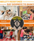 Collage showcasing Sturdy Camper Wheel Chock Stabilizers For RV And Travel Trailer X Shaped Anti Move Chocks Heavy Duty 2 Pack Fits 3.5 To 12 Inch Wheel Gaps Safe Parking And Steady Campsites By WELLUCK, with various indoor RV activities like sleeping and cooking.