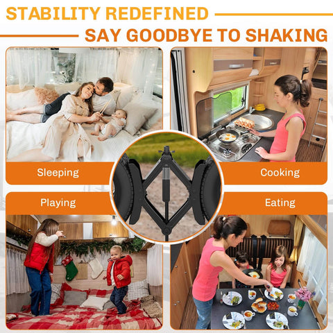 Collage showcasing Sturdy Camper Wheel Chock Stabilizers For RV And Travel Trailer X Shaped Anti Move Chocks Heavy Duty 2 Pack Fits 3.5 To 12 Inch Wheel Gaps Safe Parking And Steady Campsites By WELLUCK, with various indoor RV activities like sleeping and cooking.