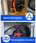 Two Pack Three Eighths Inch Air Hose Reel Rubber Stopper Replacements For Spring Driven Reels Adjustable Auto Rewind Retractable Hose Stop For Hoses About Nine Sixteenths Inch To Five Eighths Inch Prevents Unwanted Retraction, showing hose reel setup.