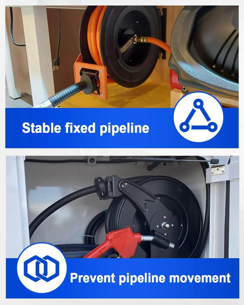 Two Pack Three Eighths Inch Air Hose Reel Rubber Stopper Replacements For Spring Driven Reels Adjustable Auto Rewind Retractable Hose Stop For Hoses About Nine Sixteenths Inch To Five Eighths Inch Prevents Unwanted Retraction, showing hose reel setup.