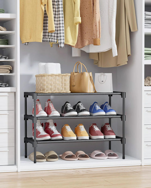 Effortlessly organize shoes with a 3-tier non-woven rack that fits closets, entryways, garages and hallways, stackable, dust-free shelves