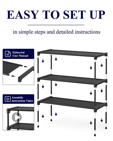 Effortlessly organize shoes with a 3-tier non-woven rack, easy setup with illustrated guide, durable metal tubes, plastic frames.