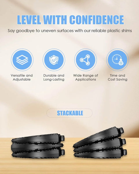 Apple Shaped Plastic Shims for Leveling 30 Pack Multi Purpose Rubber Wedges stacked on wooden surface