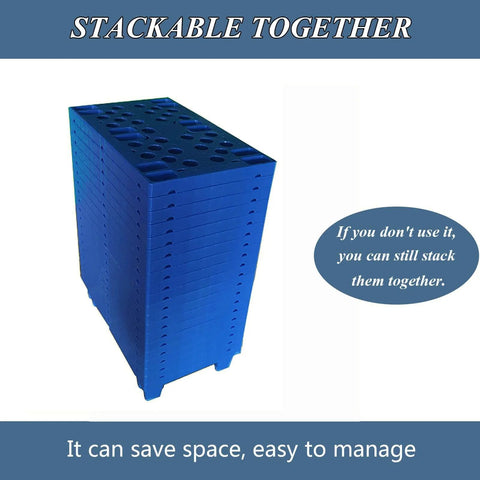 Front view of Lightweight Blue Plastic Pallet Set Of 4 Nestable HDPE Moisture Proof Floor Pallets stacked together