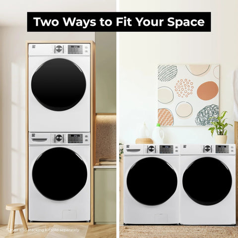 Efficient 4.5 cu ft front-load washer with steam stain removal and Accela Wash in stacked and side-by-side setup.