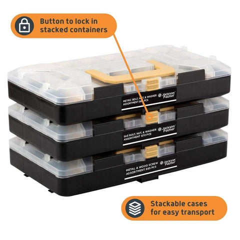 2251 Piece Hardware Assortment Kit with Screws Nuts Bolts and Washers Featuring 3 Stackable Trays, showing locked containers for easy transport.