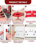 Installation steps for 48Pcs Outlet Spacers For Electrical Boxes, showing spacer stacking, insertion, and securing process.
