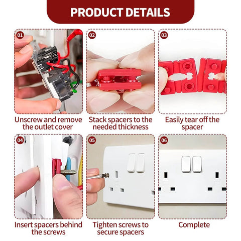 Installation steps for 48Pcs Outlet Spacers For Electrical Boxes, showing spacer stacking, insertion, and securing process.