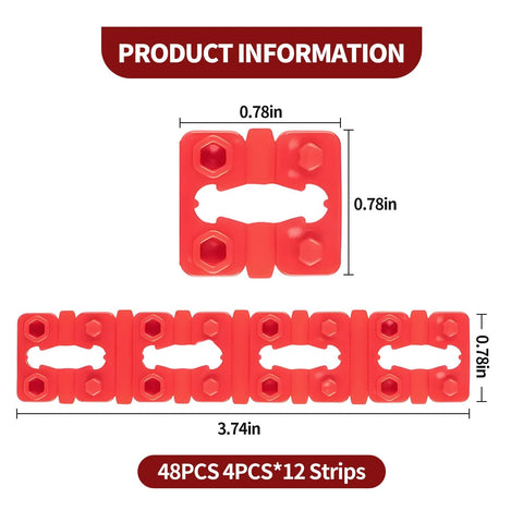 Red 48Pcs Outlet Spacers For Electrical Boxes dimensions and count details, showing stackable spacers for loose outlets and light switches.