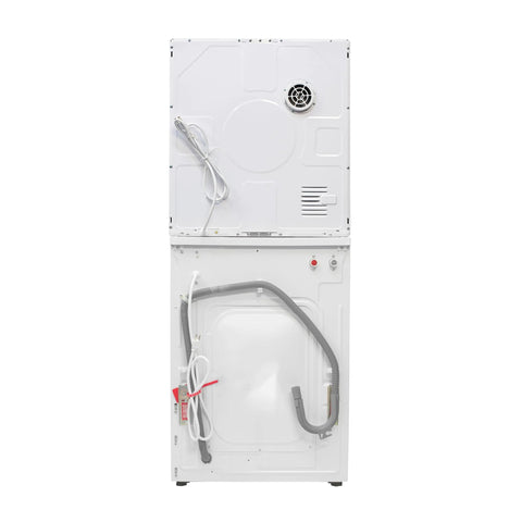 Back view of compact, stackable washer and vented dryer set delivering reliable 15 lb washing and 3.5 cu ft drying with 110V power.