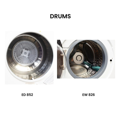 Compact, stackable washer and vented dryer set drums, showing ED 852 dryer and EW 826 washer interiors for 15 lb washing, 3.5 cu ft drying