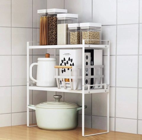 Two Pack Steel Frame Stackable Cabinet Shelf Organizer Racks For Kitchen Pantry Bathroom Bedroom And Office Space Saving Counter Desk Storage Rust Resistant Non Slip White Ideal For Cabinets And Drawers Versatile Home Organization In White Finish with kitchen items.