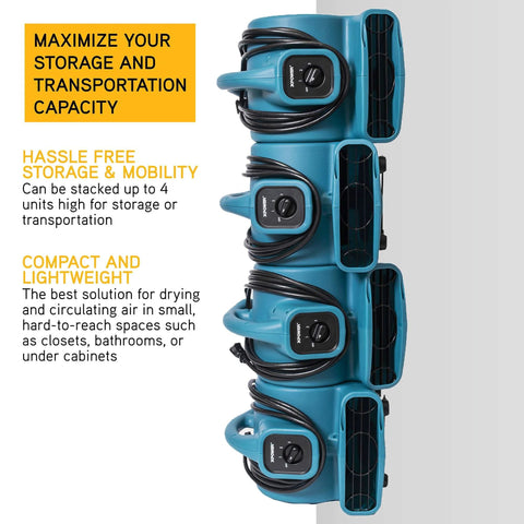 Four stacked blue Mini Mighty 138 W Air Mover Delivers 600 CFM Centrifugal Power For Fast Carpet Drying Floors And More Stackable Daisy Chain Ready Blower