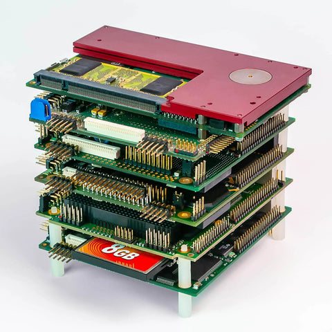 Stacked electronic boards with standoff spacers, illustrating use of Aluminum Spacer Set Of Eight Round Spacers, Eight Point Two Millimeter Inner Diameter, Sixteen Millimeter Outer Diameter, Ten Millimeter Length, Compatible With One Third Inch And M8 Screws, Bolt Standoff For Mounting.