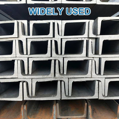 Stack of structural U-channels labeled "Widely Used" in warehouse setting, highlighting versatility and industrial application.