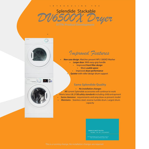 Compact Stacked Washer And Dryer Bundle With Vent Kit And SK03 Stack Kit For RVs Apartments And Tiny Homes Includes Starter Laundry Powder And Freight Delivery For Quiet Reliable Laundry In Small Spaces, featuring a vertical washer-dryer duo on an orange and gray background.