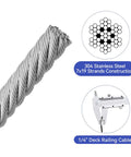 1/4" Stainless Steel Cable,7x19 Strand Aircraft Wire Rope,Cable for Heavy Duty Applications,Outdoor Pulley Cables,Deck Railing
