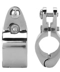 Front and side views of two 316 stainless steel hinged upper jaw slide fittings for 20mm yacht rail installation.