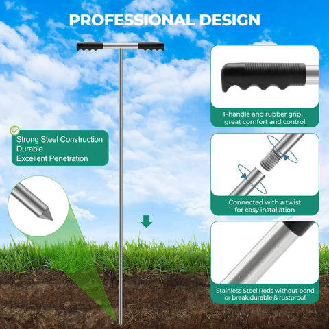 Stainless Steel 48 Inch Adjustable Ground Probe Rod With T Handle for locating septic tanks and underground pipes shown with features