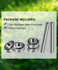 Package showing Two Stainless Steel Front Axle And Bearing Conversion Kits for Z Series Zero Turn Mowers with 6 inch wheel sleeves.