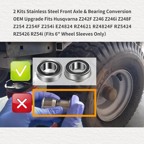 Two Kits Stainless Steel Front Wheel Axle And Bearing Conversion OEM Upgrade For 6 Inch Wheel Sleeves Fits Z Series And RZ Series Lawn Mowers With Beefed Up Rust Resistant Alloy Steel Build