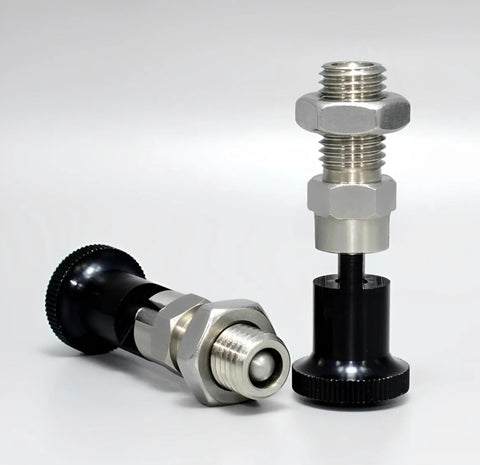 Two Pack Push Fit Ball Nose Spring Plungers Stainless Steel Retractable Indexing Pins With M12 By 1.5 Threads shown side by side