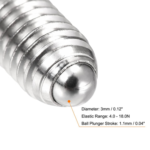 Close-up of M5 X 12mm Ball Point Set Screw with ball plunger and dimensions in 304 stainless steel for precise alignment.