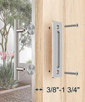 Two Sided Sliding Barn Door Handle Hardware In Brushed Stainless Steel 304 Twelve Inch Length installed on a wooden door
