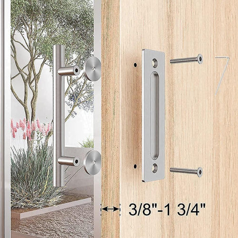 Two Sided Sliding Barn Door Handle Hardware In Brushed Stainless Steel 304 Twelve Inch Length installed on a wooden door