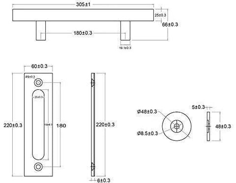 Technical drawing of 11-3/4 Inch Tall Sliding Barn Door Pull Set Stainless Steel For Interior And Exterior Use With Durable Steel Construction