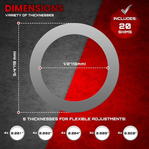 Dimensions of Barrel Shim Kit For One Half By Twenty Eight Inch Threads Stainless Steel 20 Piece Set with calibrated thicknesses.