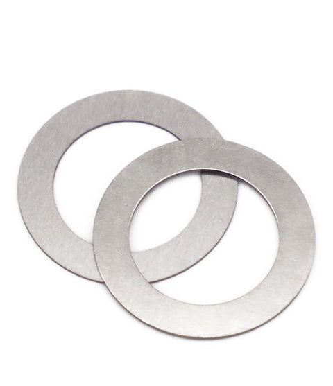 Two stainless steel shims from the 14 Pack Half Inch 28 TPI Barrel Shim Kit for .223 and 5.56 Muzzle Brakes.