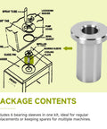 Illustration and photo of Six Pack 3220 Bearing Sleeves for Grindmaster Crathco Beverage Dispensers, stainless steel part next to diagram