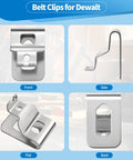 Premium four pack belt clips crafted from 304 stainless steel with screws for reliable 20V tool attachment, offering corrosion resistance, quick belt access on job sites, and durable retention for busy workshops with easy replacement across compatible, shown front, side, flat, and back views.