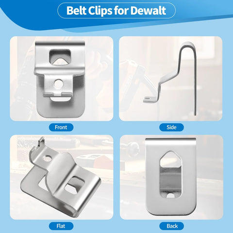 Premium four pack belt clips crafted from 304 stainless steel with screws for reliable 20V tool attachment, offering corrosion resistance, quick belt access on job sites, and durable retention for busy workshops with easy replacement across compatible, shown front, side, flat, and back views.
