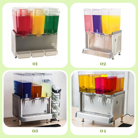 Commercial beverage dispensers showcasing multicolor juices in clear containers with stainless steel bases, ideal for high-volume settings.
